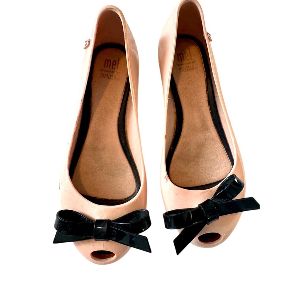 Mel by Melissa Girls Pale Pink with Bow Peep Toe Flats Shoes Sz 2 Coquette